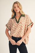 Taupe Contrast Accent Loose Fit Geo Print Top