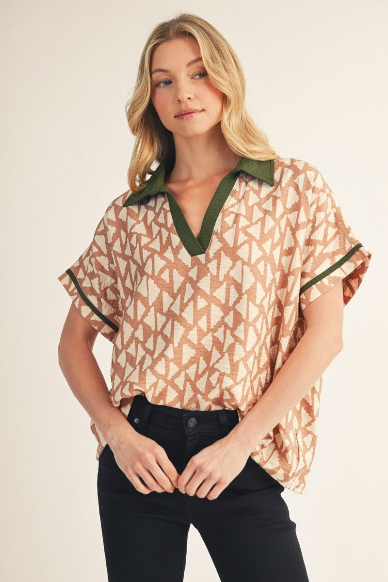 Taupe Contrast Accent Loose Fit Geo Print Top