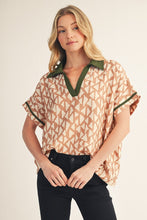 Taupe Contrast Accent Loose Fit Geo Print Top