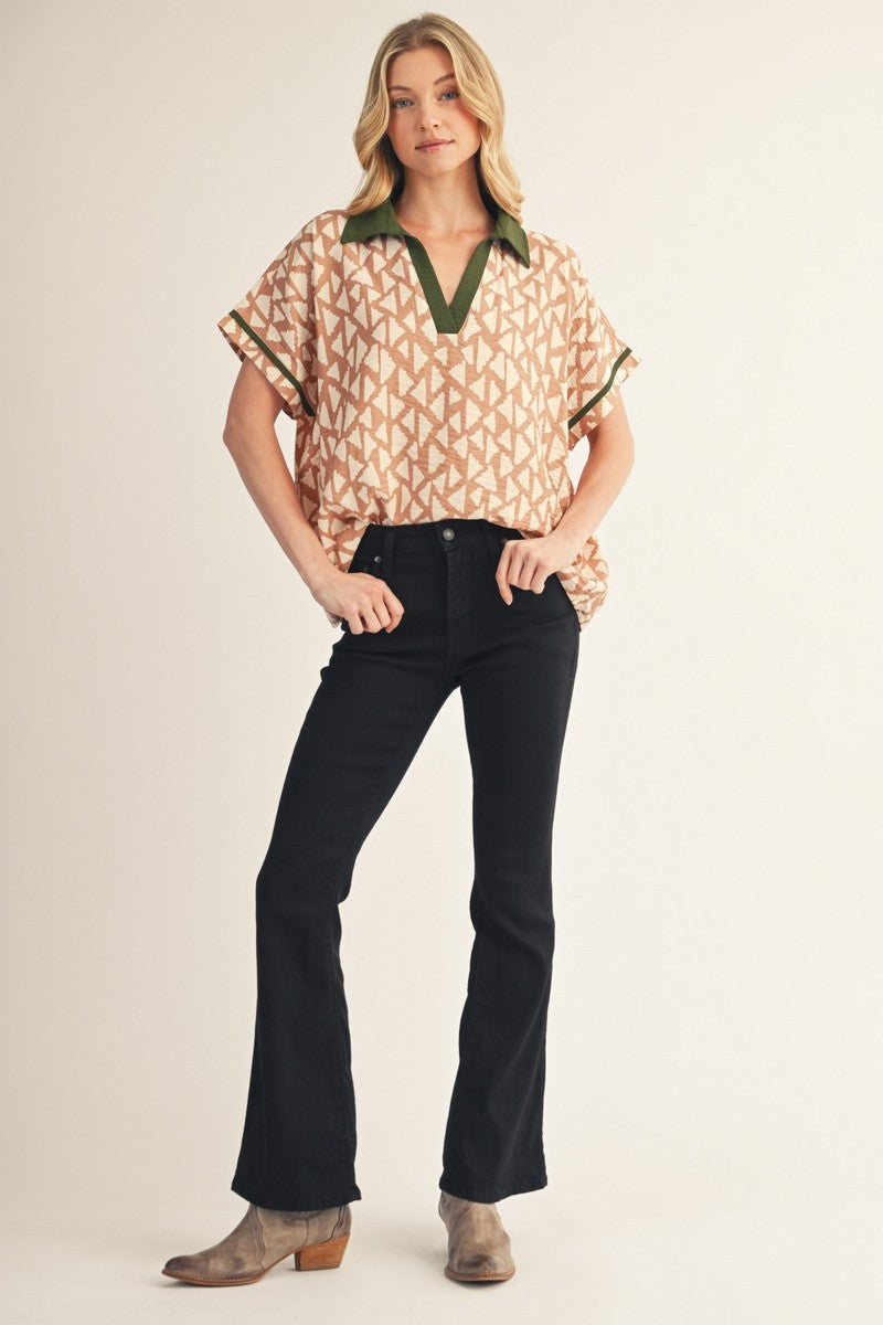 Taupe Contrast Accent Loose Fit Geo Print Top