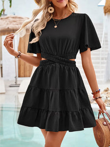Black Round Necked Hollowed Out Short Sleeved Waistband Dress