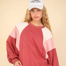 Dk pink Color Block Raglan Sleeve Comfy Knit Sweat Shirt Top