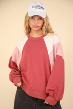 Dk pink Color Block Raglan Sleeve Comfy Knit Sweat Shirt Top