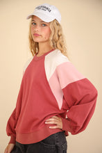 Dk pink Color Block Raglan Sleeve Comfy Knit Sweat Shirt Top