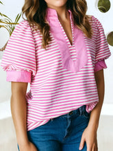 Pink Casual Shift Colorblock Tunic Striped V Neck Blouse