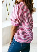 Pink Casual Shift Colorblock Tunic Striped V Neck Blouse