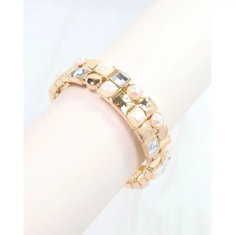 Pearl, bling, gold stretch bracelet