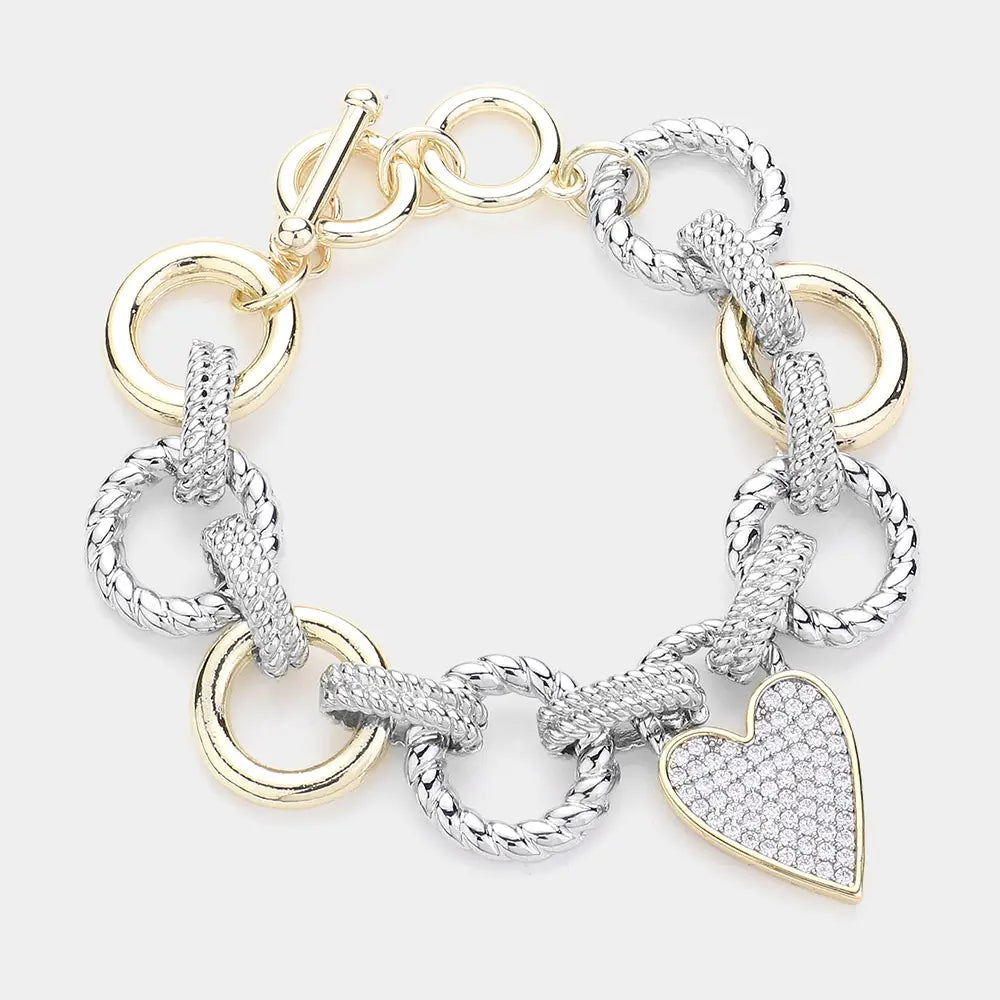 14K Gold Plated Metal Link Cz Heart Pendant Bracelet