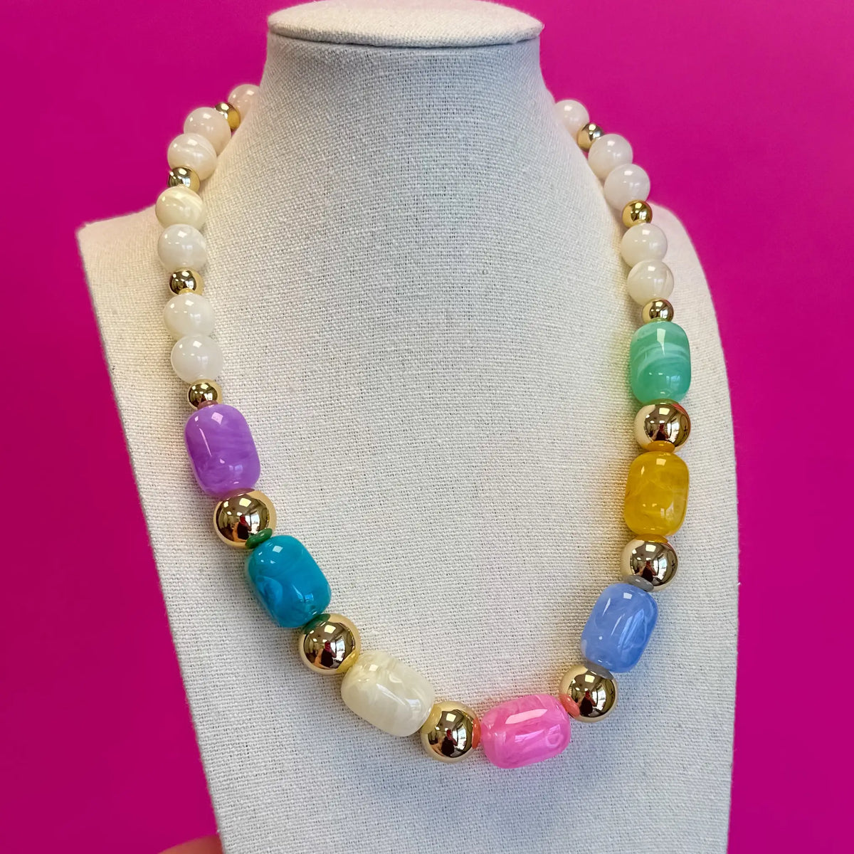 Bright Chunky Statement Necklace - Multi and Ivory