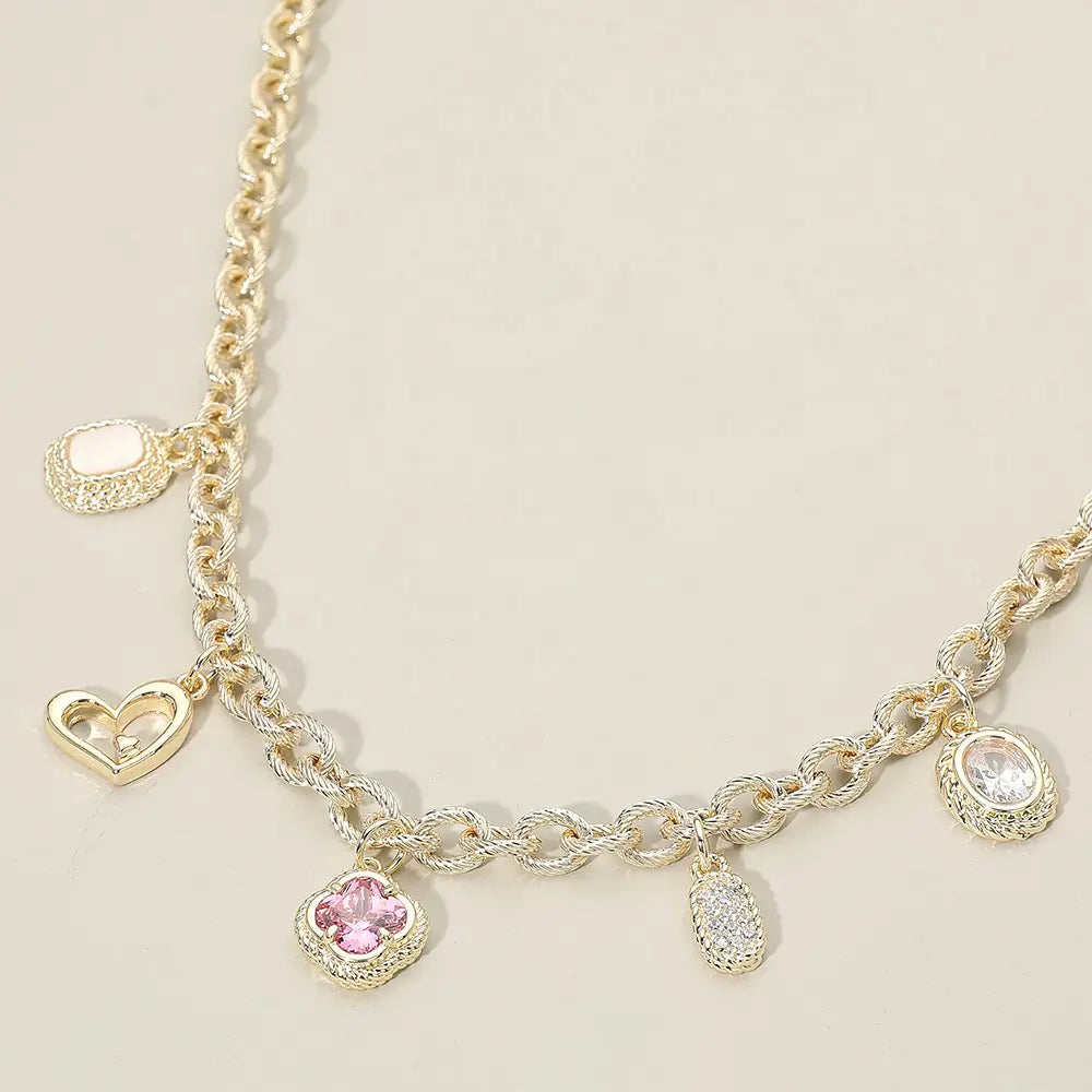 14K Gold Plated Cz Mixed Charm Station Necklace