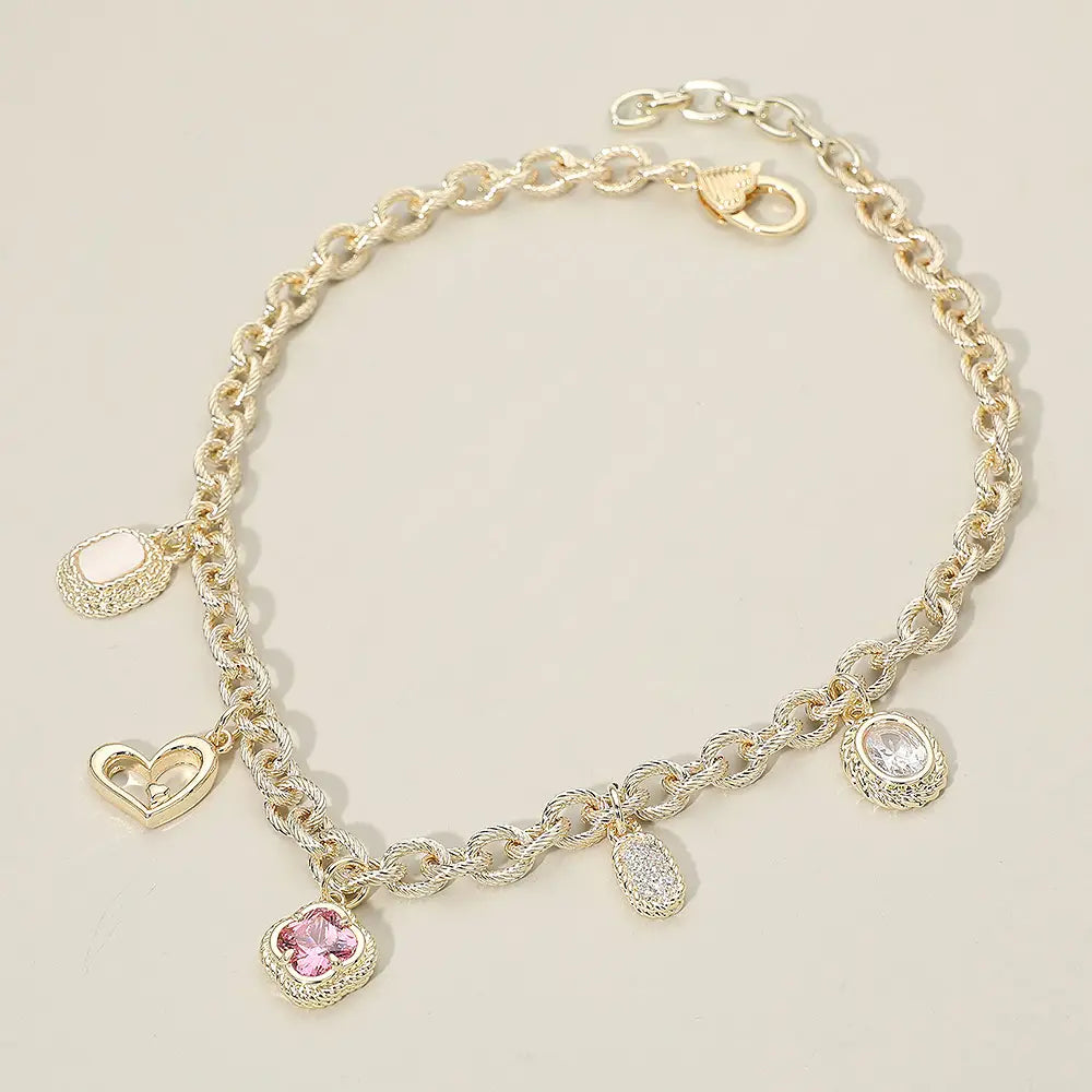 14K Gold Plated Cz Mixed Charm Station Necklace