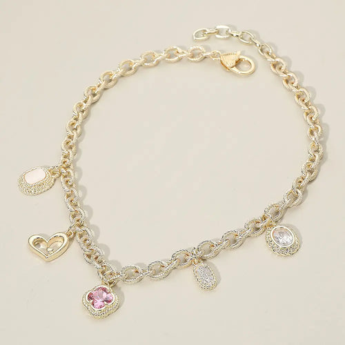 14K Gold Plated Cz Mixed Charm Station Necklace