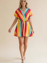 V Neck Dolman Sleeve Multi Stripe Romper- red/yellow