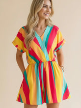 V Neck Dolman Sleeve Multi Stripe Romper- red/yellow