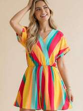 V Neck Dolman Sleeve Multi Stripe Romper- red/yellow