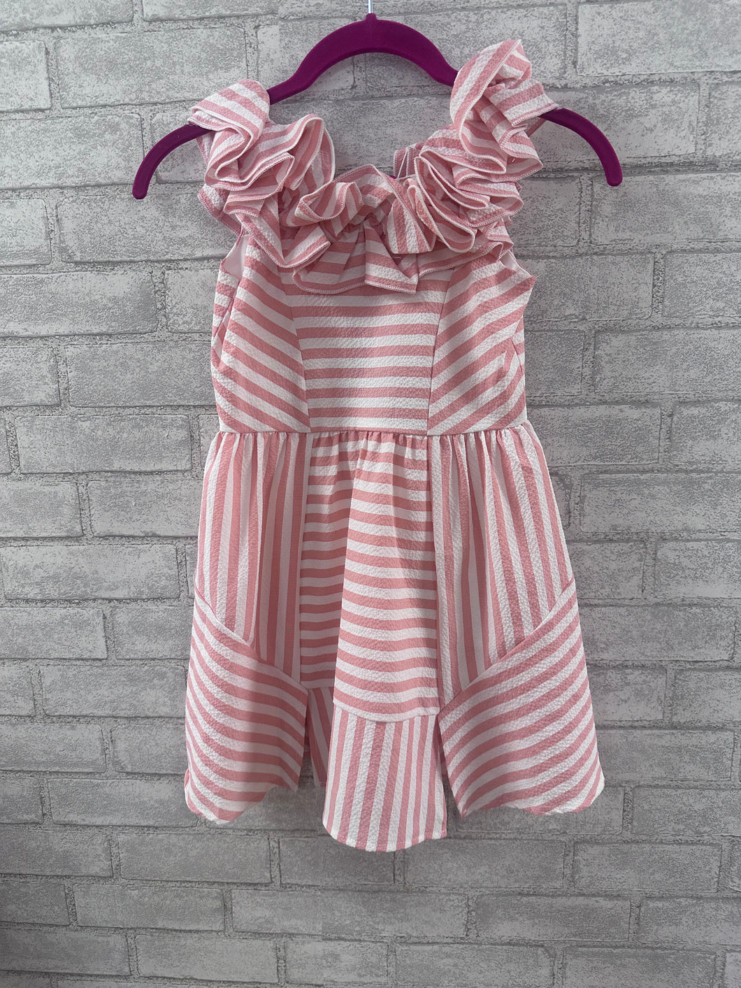 Pink/white striped midi dress with shoulder ruffles -kids