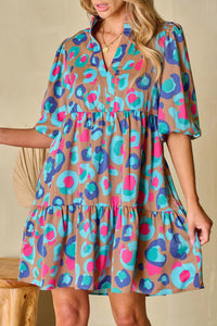 Leopard Print Bubble Sleeve Slit Neck Ruffled Dress