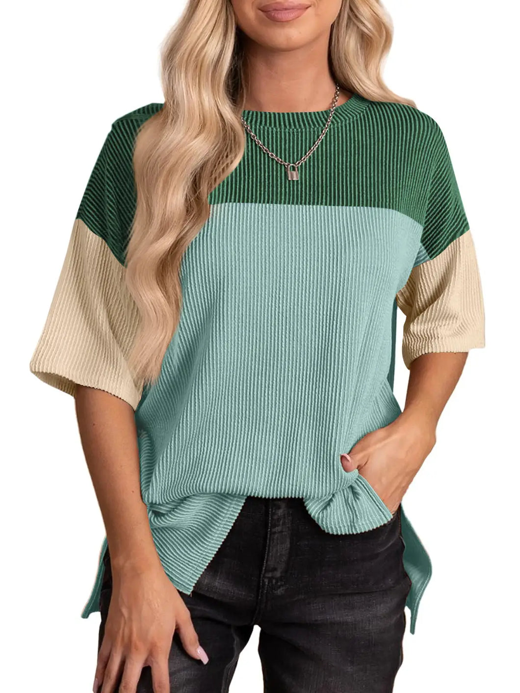 Color Block Short-Sleeved Crew Neck Knitted T-Shirt Top