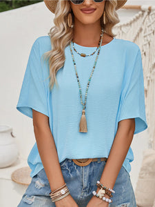 Round Neck Solid Color Lace Back Short Sleeved Top blue color only- pink is to show you the back