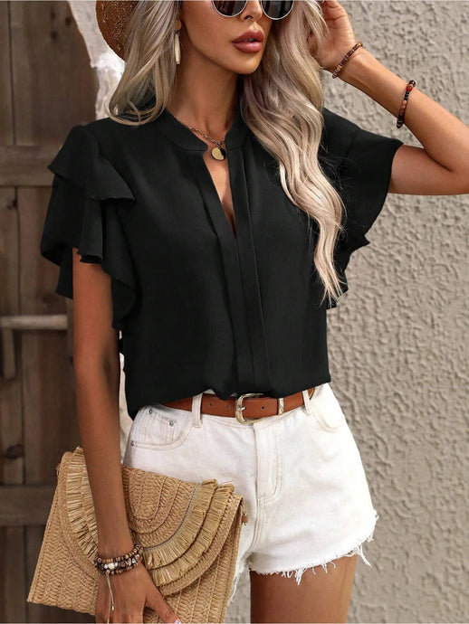 Black V-Neck Casual Double-Layer Ruffle Sleeve Solid Color Shirt