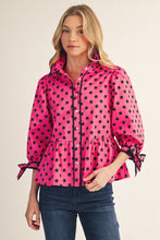 Tie Detail Sleeves Button Down Polka Dot Top-fuchsia