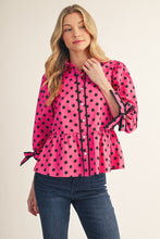 Tie Detail Sleeves Button Down Polka Dot Top-fuchsia