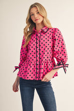 Tie Detail Sleeves Button Down Polka Dot Top-fuchsia