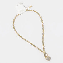 Gold Dipped Chunky Chain Cz Stone Paved Puff Heart Toggle Pendant Necklace