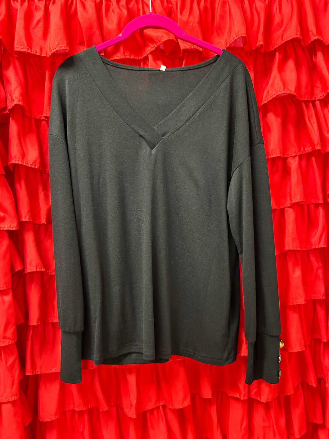 Black Simple Top with Button On sleeve
