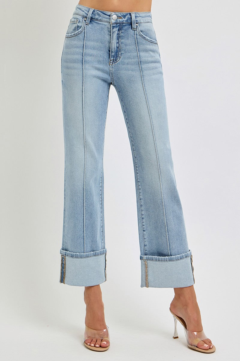 HIGH RISE ANKLE STRAIGHT WIDE CUFFED JEANS-risen brand