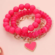 3PCS - Enamel Heart Charm Chain Stretch Beaded Multi Layered Bracelets
