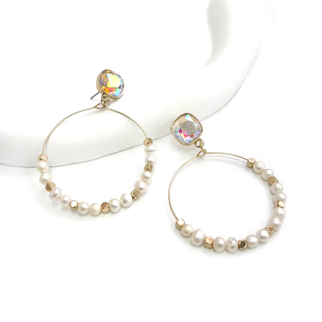 Freshwater Pearl Bead Round Hoop Linked Cz Post Earrings