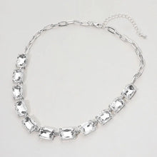 Silver Cushion Rectangular Stone Cluster Link Evening Necklace