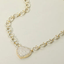 14K Gold Plated Cz Stone Paved Heart Pendant Accent Chunky Chain Link Necklace