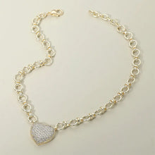 14K Gold Plated Cz Stone Paved Heart Pendant Accent Chunky Chain Link Necklace