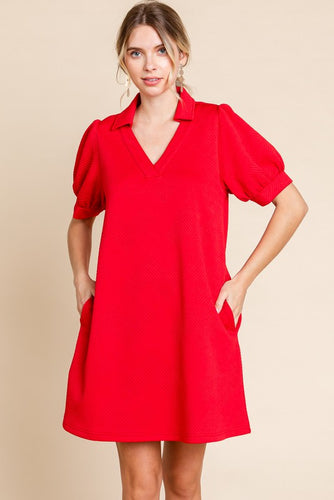 Red Textured Open Collar Dress