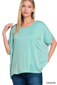 Turquoise CORDED RIB OVERSIZED SHORT SLEEVE TOP