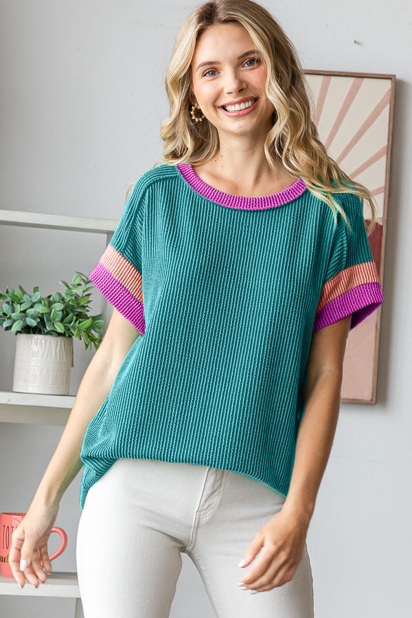 Jade Ribbed Color Block Top