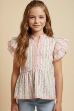 Pink Girls Floral Striped Ruffle Shoulder Top
