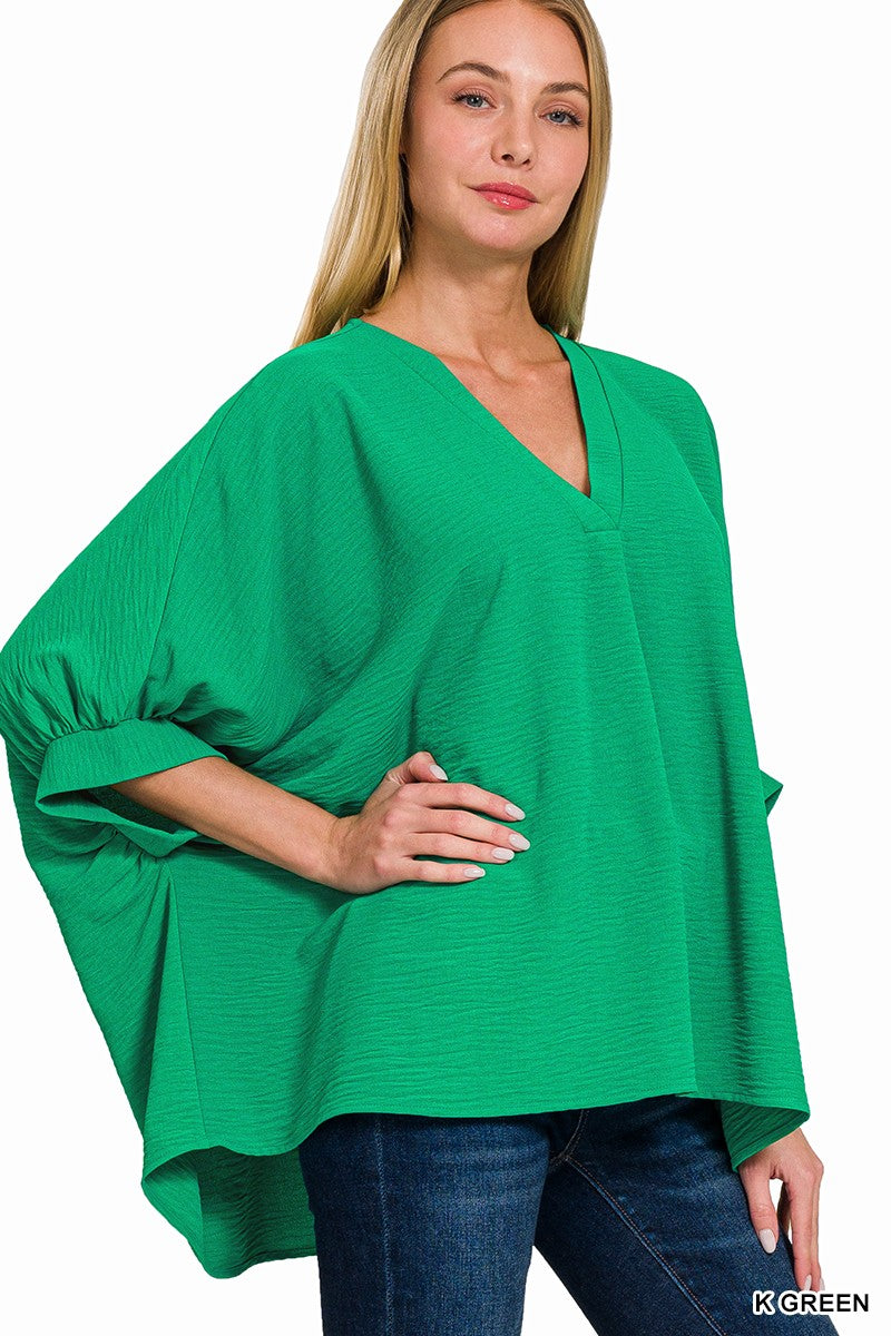 Green WOVEN AIRFLOW V-NECK PUFF HALF SLEEVE TOP-best seller