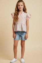 Pink Girls Floral Striped Ruffle Shoulder Top