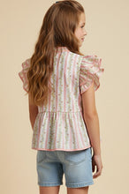 Pink Girls Floral Striped Ruffle Shoulder Top