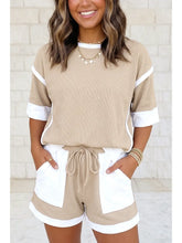 Preorder. Beige Patchwork Oversize Tee Drawstring Loose Shorts 2pcs Set