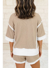 Preorder. Beige Patchwork Oversize Tee Drawstring Loose Shorts 2pcs Set