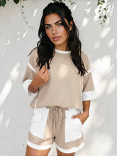 Preorder. Beige Patchwork Oversize Tee Drawstring Loose Shorts 2pcs Set