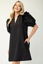 Black V-Neck Puff Sleeve Textured Dress