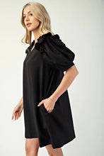 Black V-Neck Puff Sleeve Textured Dress