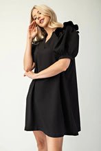 Black V-Neck Puff Sleeve Textured Dress