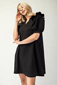 Black V-Neck Puff Sleeve Textured Dress