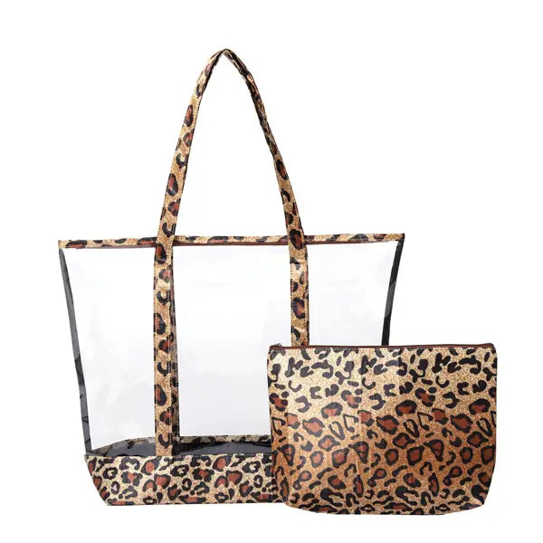 Ladies 2 Pcs Animal Print Clear See Thru Totebag